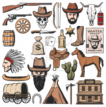 Wild West symbols and American Western icons. Vector sheriff star badge, Indigenous man with wigwam hunt or wanted robber in cowboy hat and wagon cart, horse saddle, bank dollars and pistol guns