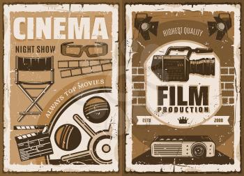 Movie studio, cinematography and 3D cinema glasses. Vector vintage poster, movie making or film director chair and video camera, retro projector and film reel with clapperboard