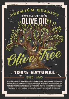 Olive oil, premium quality extra virgin 100 percent natural cooking oil or salad dressing product. Vector olive tree poster or bottle package label