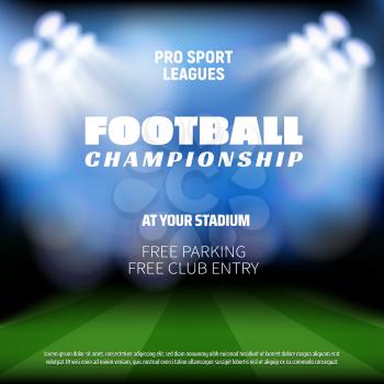 Football match preview background, sport broadcast TV background. Vector football or soccer stadium arena with projection lights in defocused blur