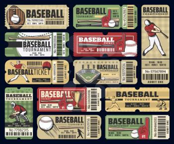 Baseball championship cup game tickets. Vector vintage tickets with baseball players and sport equipment, ball and bat with cheerleader glove on arena stadium