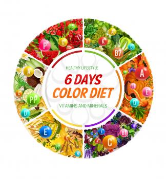 Rainbow color diet, healthy food eating organic vegetables and fruits. Vector health lifestyle 6 days rainbow diet of vitamins and minerals in natural organic salads, nuts or berries and cereals