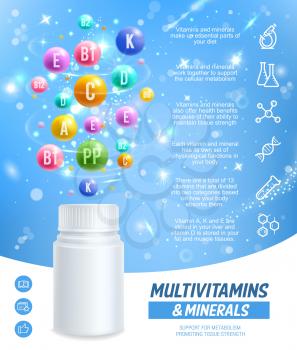 Vitamins and minerals complex pills and capsules, healthy dietary supplement. Vector essential multivitamins color pills in plastic bottle for diet nutrition and health support