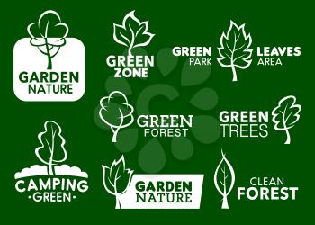 Nature green leaf icons and corporate identity business symbols. Vector landscaping design company garden and horticulture planting service or clean eco park project and green camping