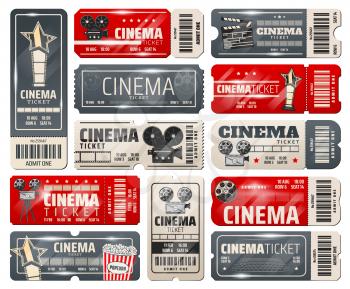 Cinema tickets vintage movie theater or cinematograph premiere night. Vector tickets with retro film camera, pop corn and actor star award, clapperboard and cinema chairs