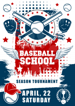 Baseball school team tournament poster. Vector baseball or softball sport game league championship season, player bar and ball with gloves and halftone flag