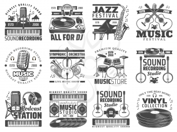 Music icons, live festival or sound recording studio and musical instruments shop. Vector podcast online radio station, jazz club microphone with vinyl disk and headphones or synthesizer