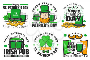 Happy Saint Patrick day party icons and Irish beer pub signs. Vector Patrick or leprechaun in green hat with beard and mustache, gold coins in cauldron and drum, shamrock clover leaf and Ireland flag