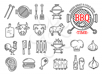Barbecue restaurant, steak house or sausage grill bar and menu line icons. Vector signs of BBQ grill with beefsteak, pork or beef and chicken with burger, cutlery or beer and spices