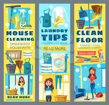 Home work service vector posters, cleaning, washing and laundry. Housekeeping woman with vacuum cleaner, cleaning window or washing clothes with detergent soap or sponges