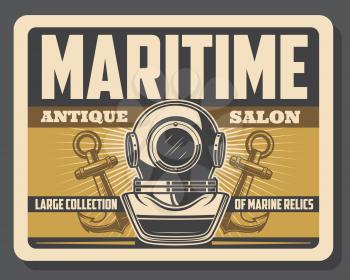 Diving aqualung helmet and ship anchors. Maritime antique salon vector vintage poster of rarity marine l relics and nautical seafarer adventure museum