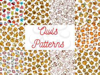 Owl seamless backgrounds. Wallpaper with vector pattern icons of cute stylized vintage artistic cartoon owls