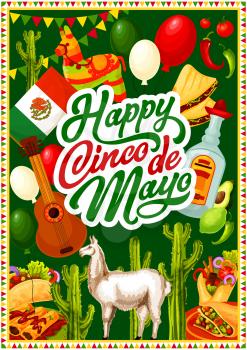 Mexican Cinco de Mayo happy greetings with Mexico 5th May traditional holiday decoration symbols and food. Vector Mexican flag balloons, burrito and tacos, Cinco de Mayo pinata with guitar and pepper