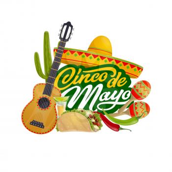 Cinco de Mayo Mexican fiesta calligraphy greeting, Mexico traditional holiday celebration. Vector Cinco de Mayo party guitar and maracas with sombrero tequila, lime and jalapeno chili pepper in tacos