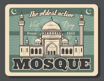 Islam culture and Mosque visit advertisement retro poster for halal tourism and religious tours. Vector vintage design of Muslim mosque with minarets and domes, crescent moon and star symbol