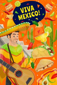 Viva Mexico and Cinco de Mayo Mexican holiday celebration fiesta. Vector Cinco de Mayo party man i sombrero and poncho with guitar, margarita and tequila, trational maracas, cactus and quesadilla