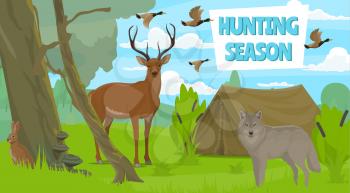 Hunting season in forest, wild animals. Vector duck and deer, rabbit and wolf, camping tent. Hunt club, hobby or sport, outdoor recreation. Nature and trees, predator and carnivore, birds flock
