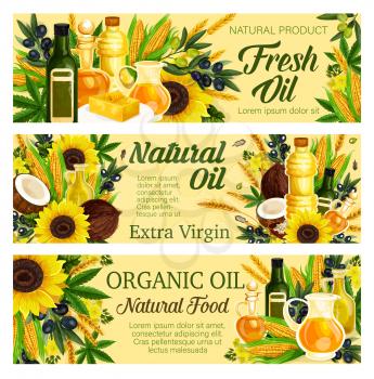 Natural oil plants of olive and hemp, sunflower and corn, palm and coconut. Vector healthy organic food, butter or margarine on plate. Bottles or jugs of liquid, seasoning and cooking, salad liquid dressing