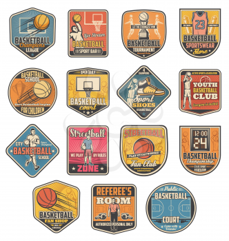 Basketball sport icons, ball and player. Vector basket and court, uniform and sneakers, trainer and whistle, score screen and sportswear. Retro streetball tournament and championship