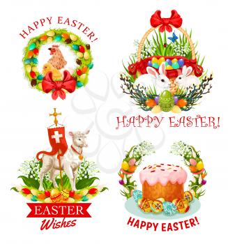 Happy Easter icons with Christian religion holiday vector symbols. Easter eggs, bunnies and chickens, lamb of God, cross and cake, spring flowers wreath and willow branches greeting card design