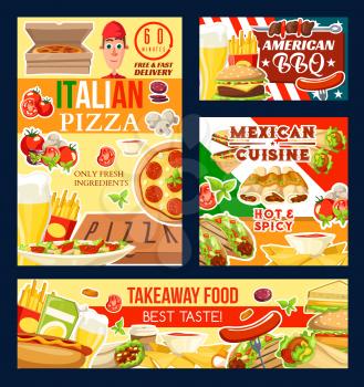 Fast food restaurant, Italian pizza and barbecue, Mexican cuisine and takeaway meals. Vector french fries and beer, burger and sausage, enchiladas and nachos. Hot dog and doner, taco and sandwich