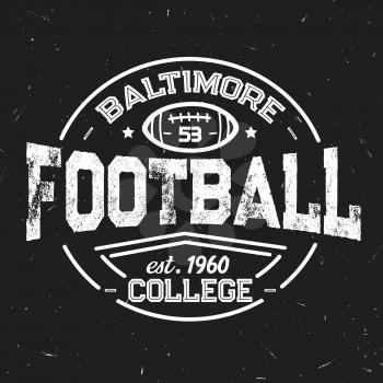 Football team retro shabby icon of baltimore college. Sport club with leather oval ball white outline. Sporting vintage monochrome stamp with item for game, students league vector isolated sign