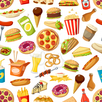 Fastfood meals vector seamless pattern. Pizza and popcorn, doner and taco, chicken and burger, onion rings, beer, french fries and nachos. Cheesecake and ice cream, donut and sandwich, hot dog