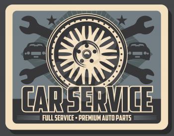 Car repair service vintage retro poster, vehicle or motor works. Vector icons of tire and wrench, vehicle silhouettes, diagnostics and repairment, parts replacement and restoration