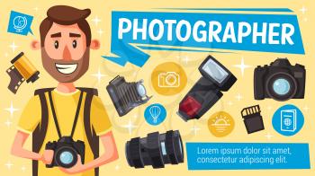 Photographer with photography equipment, digital camera, flash and lens, memory card, vintage camera and film. Vector. Photo journalist and paparazzi creative profession design