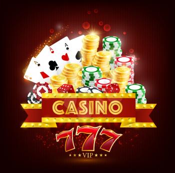 Casino gambling game 3d vector poster of poker and blackjack playing cards, dice, chips and golden coins with jackpot lucky sevens and marquee light bulbs ribbon banner. Online casino, betting agency