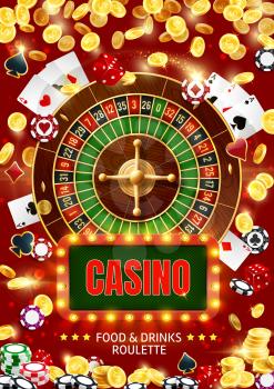 Casino roulette surrounded with 3d vector chips, poker playing cards and dice, golden dollar coins and sparkles. Gambling activities, games of chance and gaming industry themes design