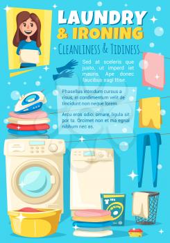 Laundry and ironing woman household chores, vector. Cleanliness and tidiness at home, housewife maid with towel. Watching machine, drying clothes, detergents and cleaning tools, clothes dryer
