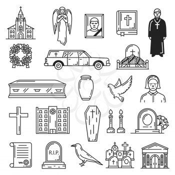 Funeral vector icons, burial interment religious ceremony. Vector church temple and angel, Bible book, priest and ritual wreath, hearse and grave, coffin and urn, dove and cross, candle and gravestone