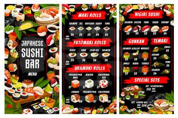 Sushi and rolls menu, Japanese cuisine. Vector maki and nigiri, futomaki and uramaki, gunkan and temaki, ikura and philadelphia, unagi. Salmon and eel, avocado and squid, soy sauce and chopsticks