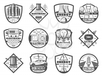 Electrical service retro icons, energetics industry. Light bulb, cable and wrench, nuclear power plant and electro car, socket and light switch. Power plant and devices, monochrome symbols