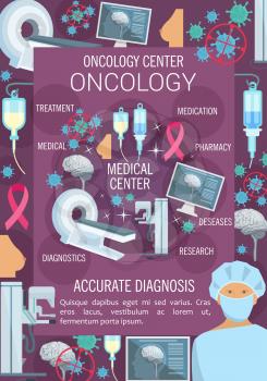 Oncology hospital department, oncologist doctor, health care center. Vector doctor and cancer cell, MRI scanner and radiation therapy medication. Breast mammography diagnostics and research