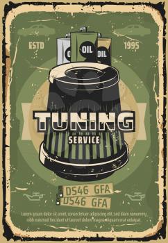 Car air or oil filter, retro vector poster. Vehicle filter internal part and oil canisters, garage station. Car maintenance and garage station service signboard