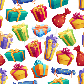 Vector seamless pattern of gifts and presents. Gifts wrapped in color paper with ribbon for holiday or birthday event. Festive endless texture of decorated items in containers for congratulation