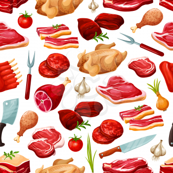 Butcher shop meat products vector seamless pattern background. Farm butchery beef and pork, grill lamb ribs, bacon or ham with salami and pepperoni, onion and garlic cooking spices, cutlery