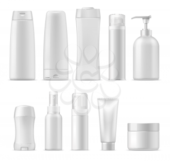 Cosmetic package mockups, 3d plastic bottle containers. Vector realistic set of shampoo or facial cream cleanser, lotion and liquid soap, deodorant stick and sprayer, shower and shave gel, conditioner