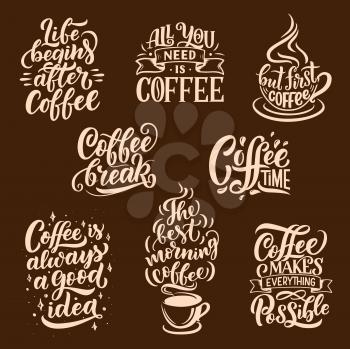 Coffee sketch lettering. Vector steaming coffee cups of americano, espresso and chocolate cappuccino mug for restaurant, cafe and cafeteria signboard