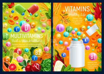 Vitamins and multivitamin supplement complex capsules and pills. Vector vitamins in fruits, vegetables and salads, nuts and berries food. Health care, healthy nutrition and dietetics design
