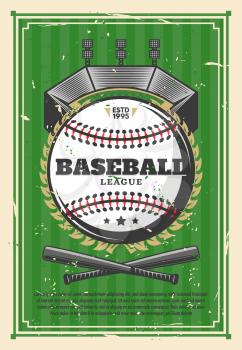 Baseball sport game, league old grunge poster. Vector baseball ball with crossed player bats in victory laurel golden wreath on arena stadium, green striped retro background