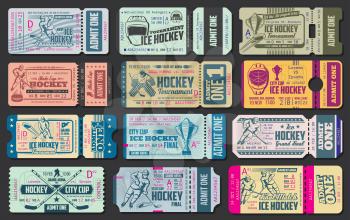 Ice hockey game tickets, sport championship. Vector retro tickets with hockey stick, puck, forwards and goalkeeper helmet on ice rink arena with cutting line