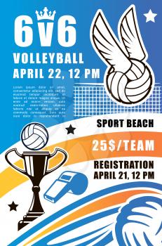 Volleyball sport game vector poster. Beach volley tournament registration leaflet or flyer, design of volleyball ball with wings and net, champion cup and referee whistle