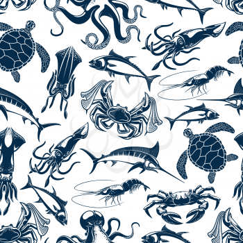 Fishing fish, underwater sea animals and seafood pattern background. Vector seamless design of tuna, marlin and squid, octopus and sea turtle, lobster crab or shrimp prawn