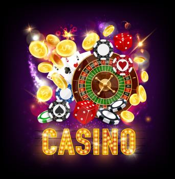 Casino gambling, roulette wheel and dice, luck and win. Vector play cards and poker chips, coins and signboard with light bulbs. Gamblers club with coins takes, online service