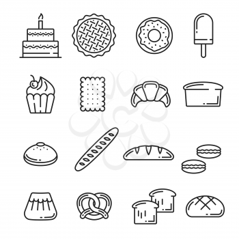 Bread and pastry cakes lineart icons of bakery or patisserie. Vector birthday torte, fruit pie or donut and ice cream with cupcake or baguette or wheat toast and rye loaf, pretzel and croissant