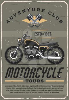 Motorcycle and bike travel or sport club retro poster. Vector vintage premium motorbike with engine motor valves, world extreme adventure tours
