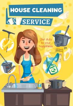 Home kitchen and rooms cleaning service, woman washing dishes or utensil in dishwasher or sin, mop with water bucket and soap detergent, sponges and brushes. Vector design